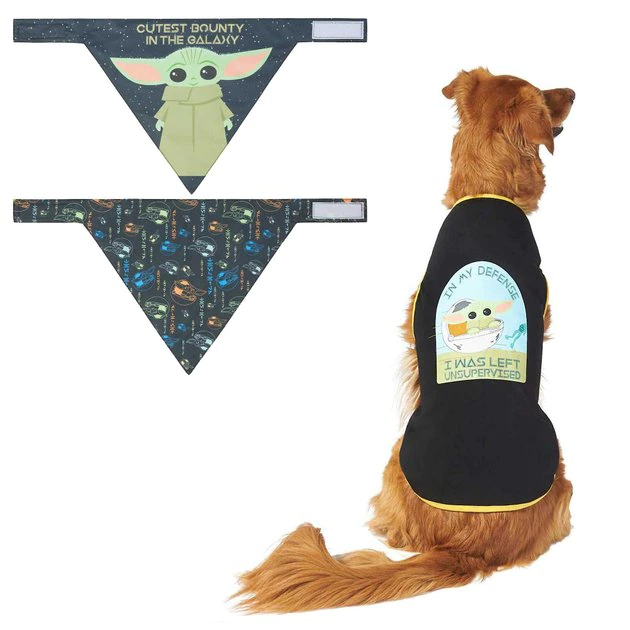 STAR WARS THE MANDALORIAN GROGU "Cutest Bounty" Reversible Bandana+ "Left Unsupervised" Dog & Cat T-Shirt 1 STAR WARS THE MANDALORIAN GROGU "Cutest Bounty" Reversible Bandana+ "Left Unsupervised" Dog & Cat T-Shirt